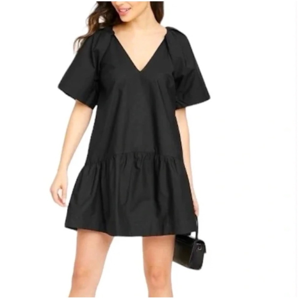 A New Day Mini Dress Wmns XS Black Minimalist Puff Sleeve Cotton Babydoll Tiered